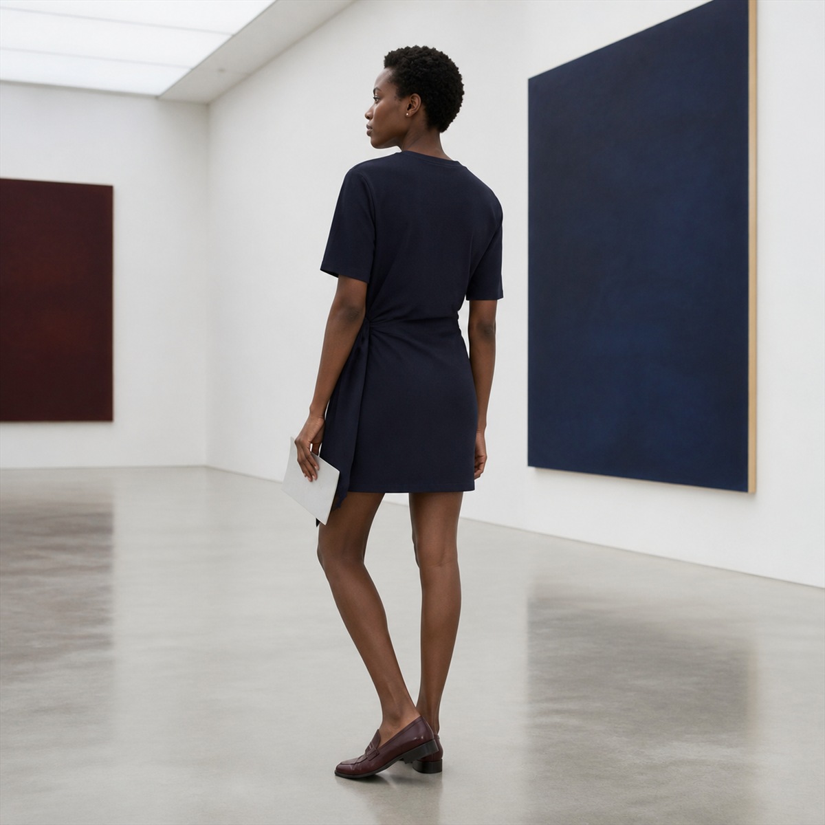 Robe bleu marine portée dans une galerie d'art