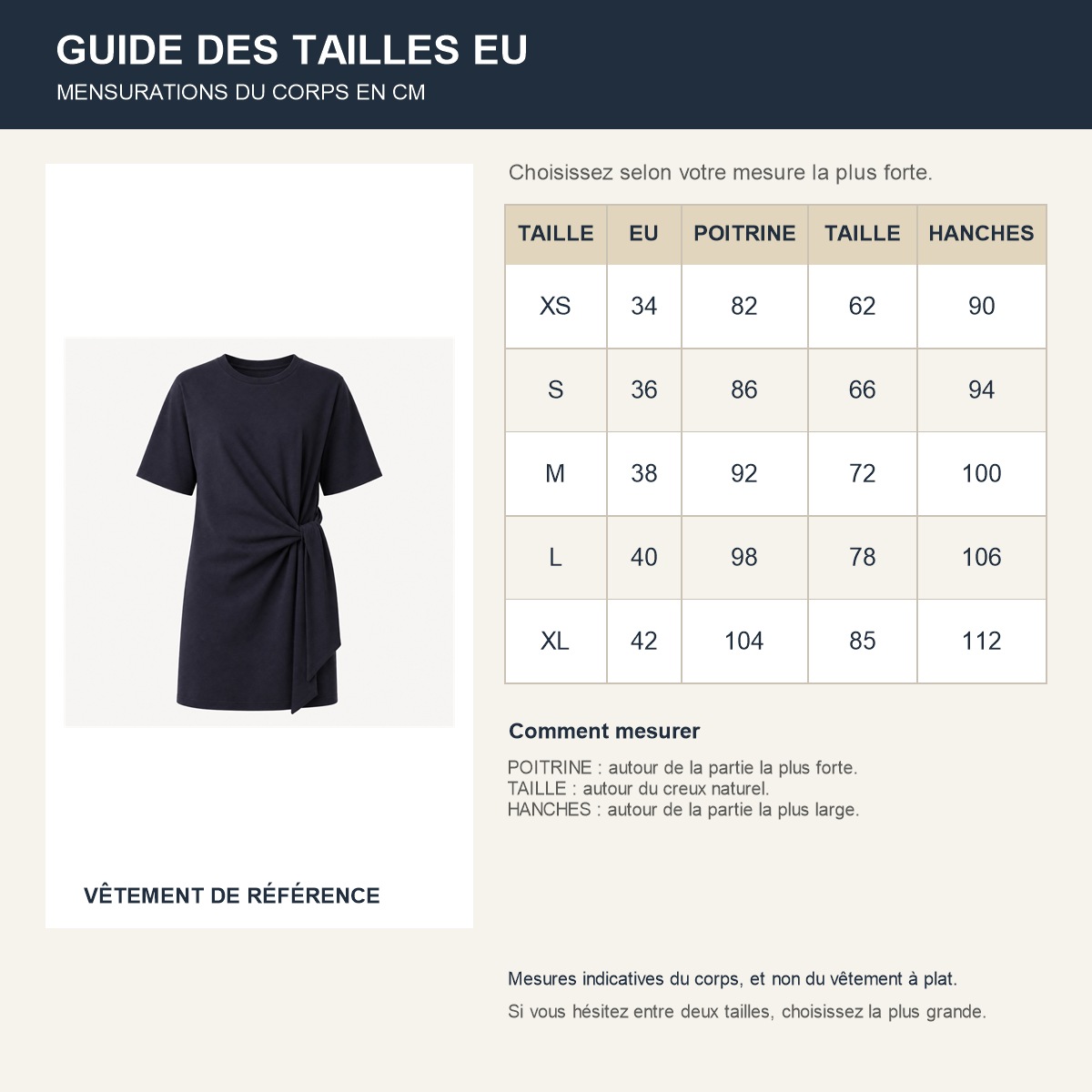 Guide français des tailles européennes de la robe