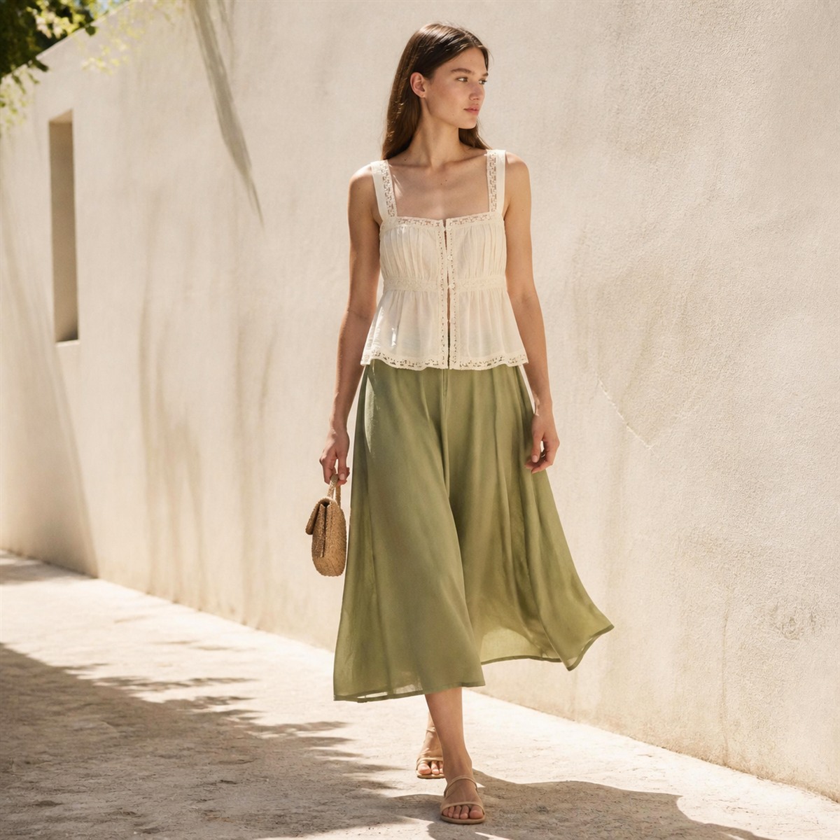 Tenue estivale avec top écru et jupe fluide