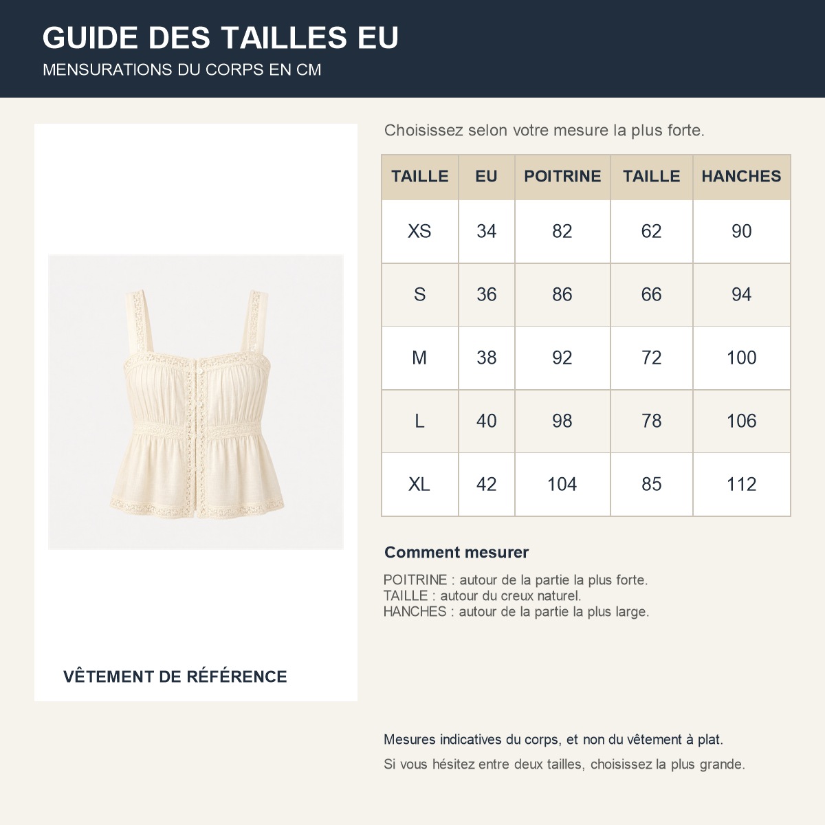 Guide français des tailles européennes du top