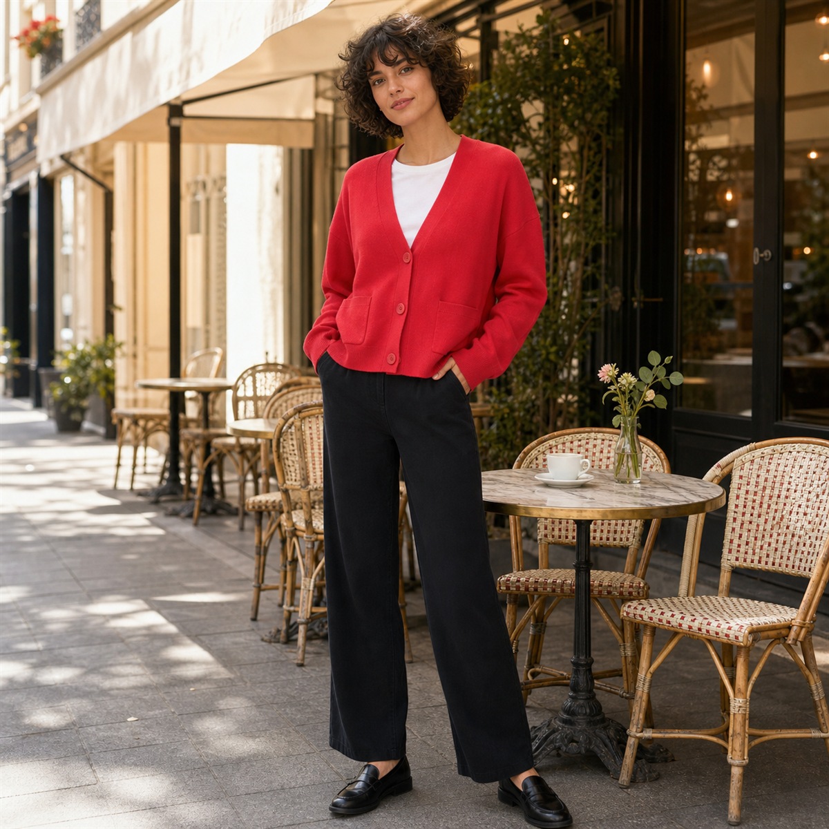 Cardigan rouge porté dans un café lumineux