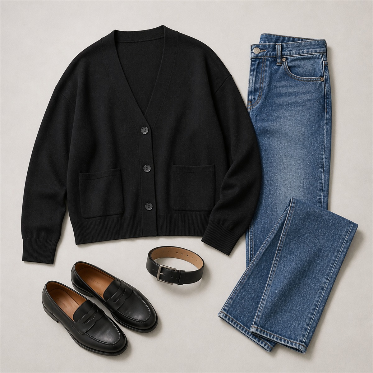 Tenue décontractée avec cardigan gris et pantalon clair