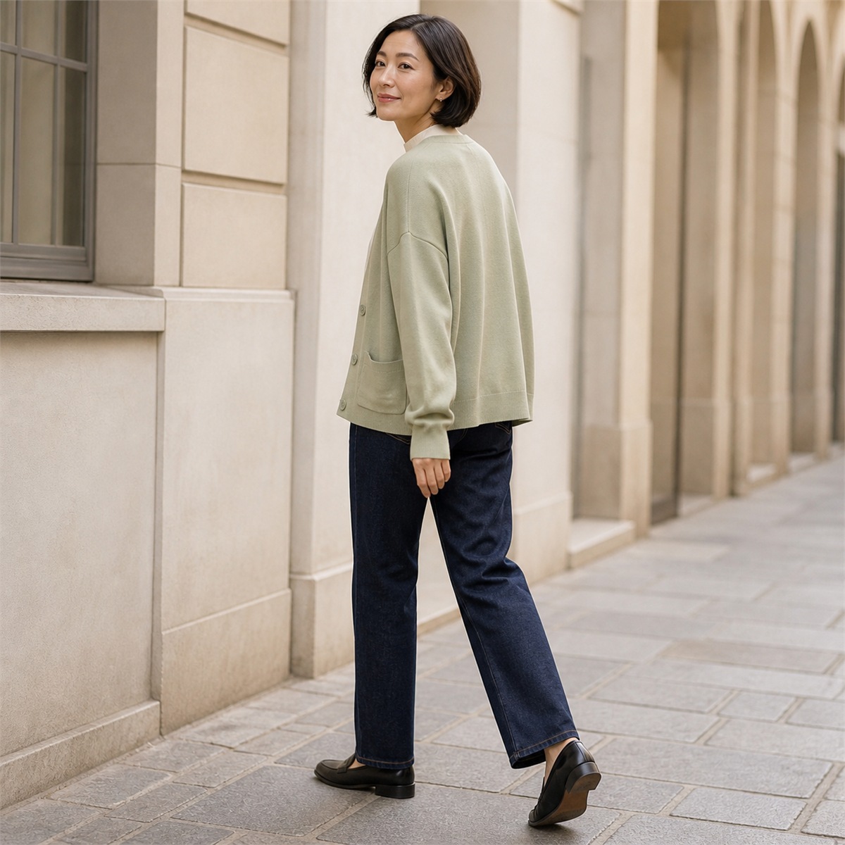 Cardigan en coton doux porté de profil