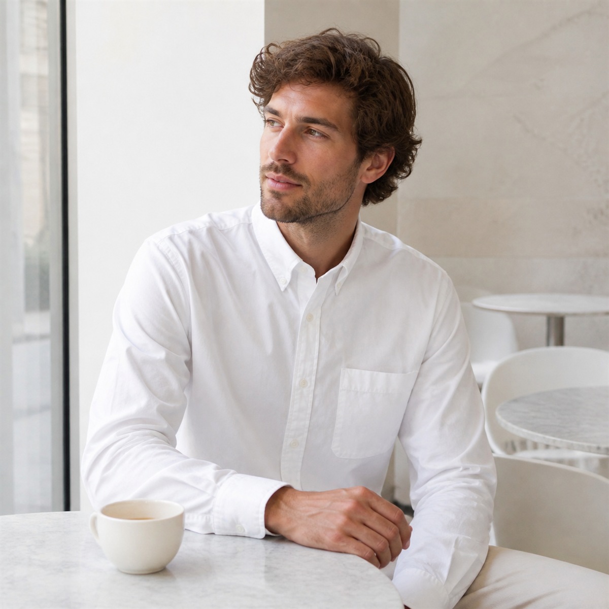 Chemise blanche portée dans un café contemporain