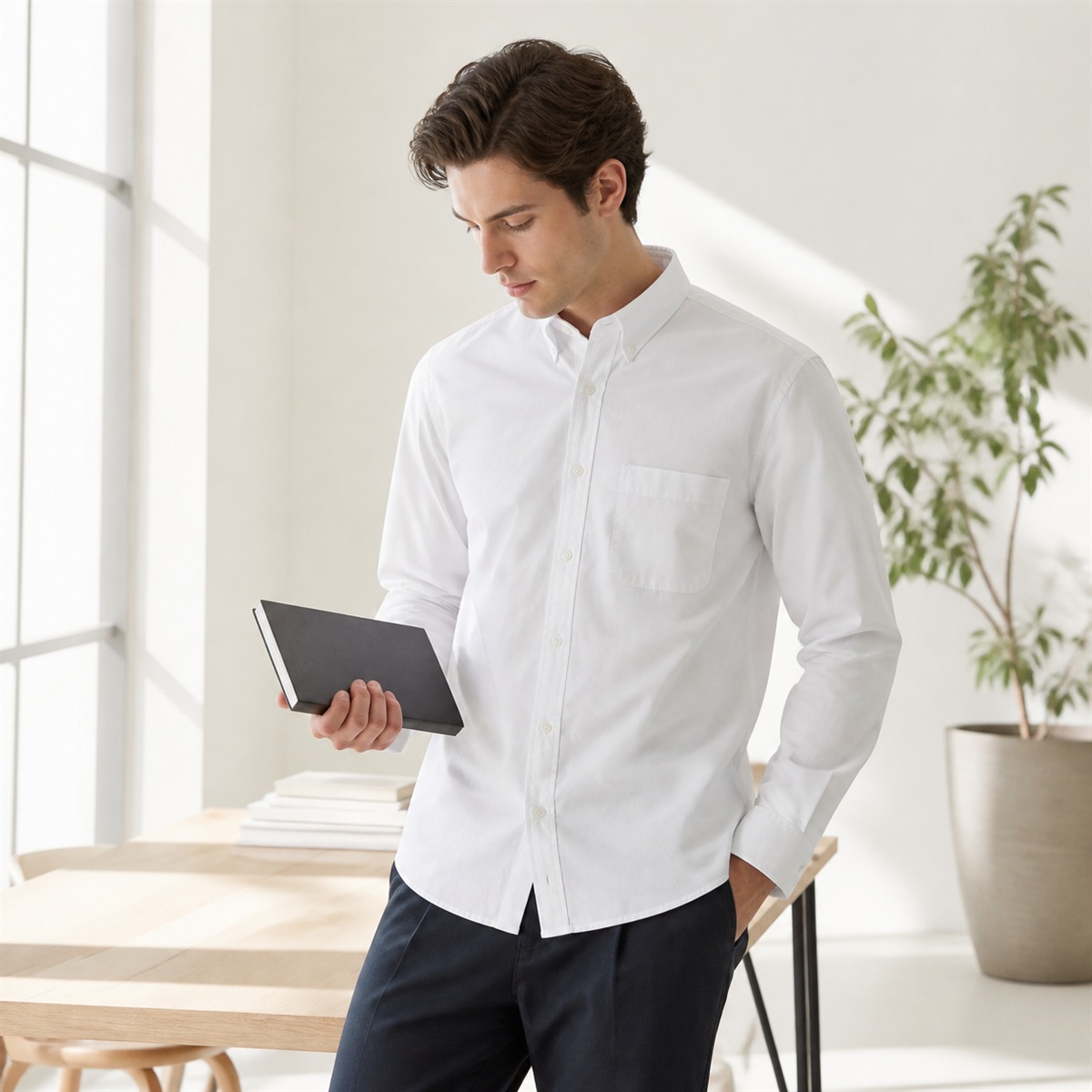 Chemise blanche portée dans un espace de travail lumineux