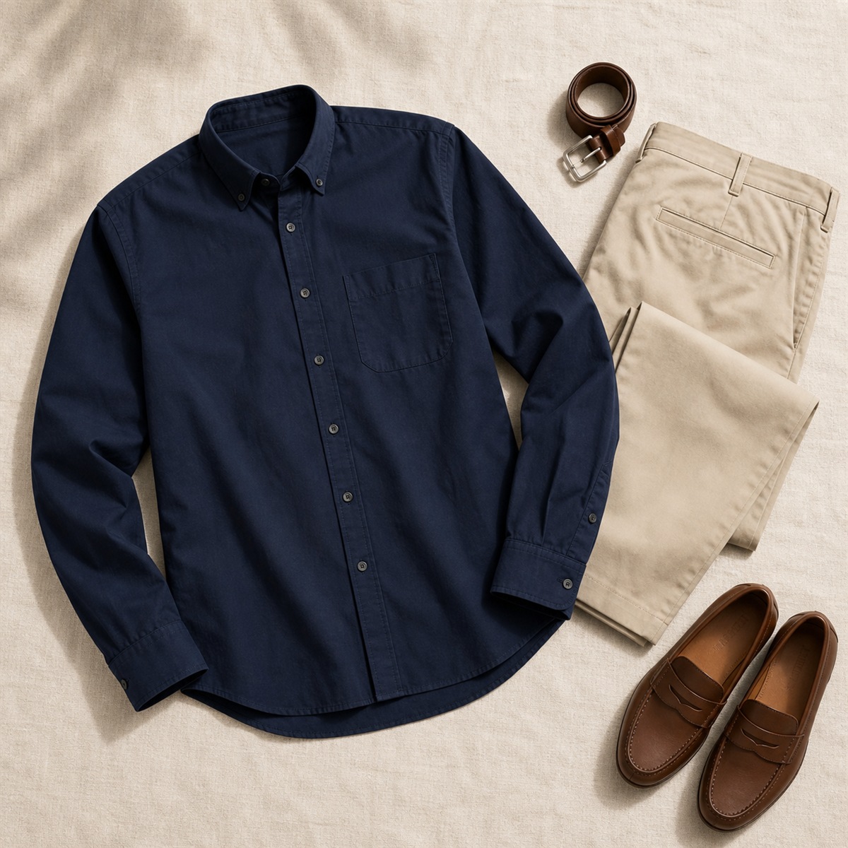 Tenue décontractée avec chemise bleu marine et pantalon beige