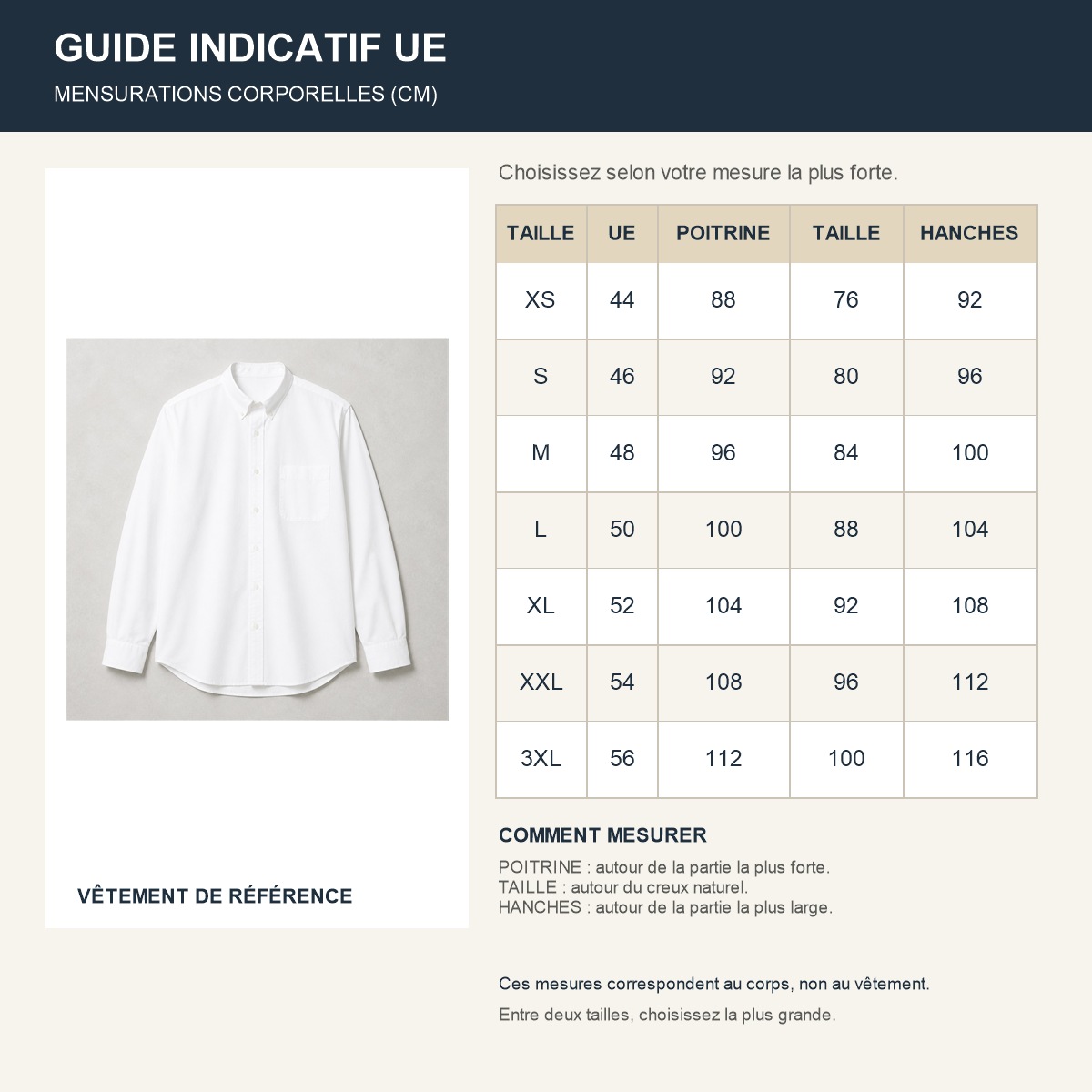 Guide français des tailles européennes de la chemise