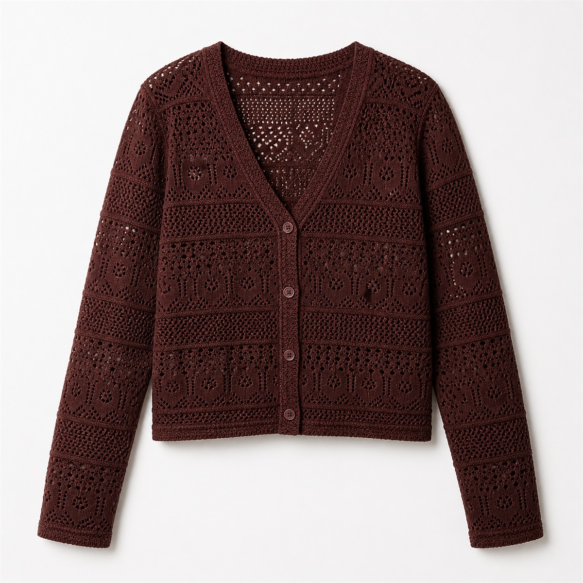 Cardigan marron foncé en maille crochet — vue de face