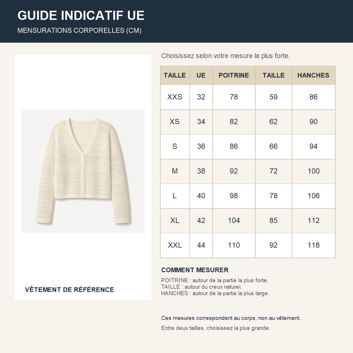 Guide français des tailles européennes du cardigan