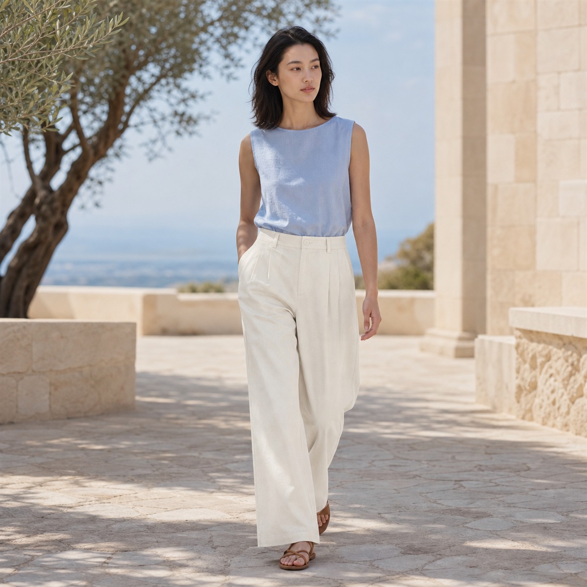 Pantalon blanc cassé porté sur une terrasse méditerranéenne