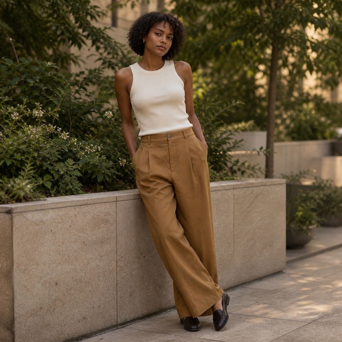 Pantalon marron porté dans un jardin urbain