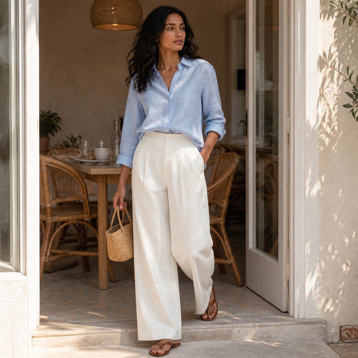 Tenue estivale avec pantalon blanc cassé et chemise légère