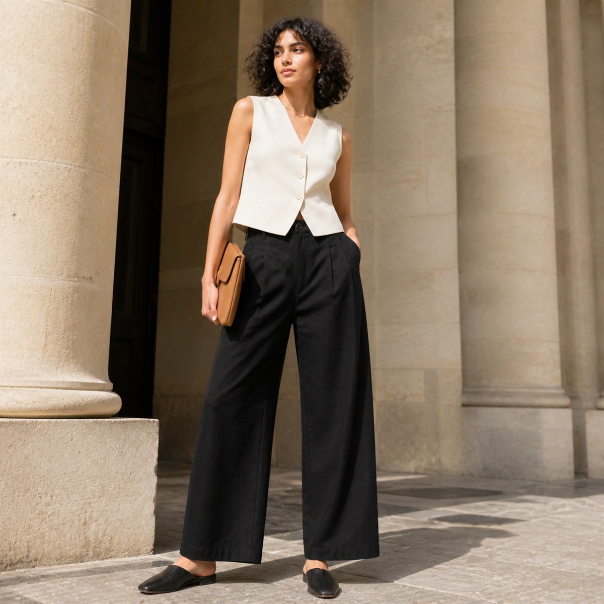 Tenue citadine avec pantalon noir et accessoires sobres