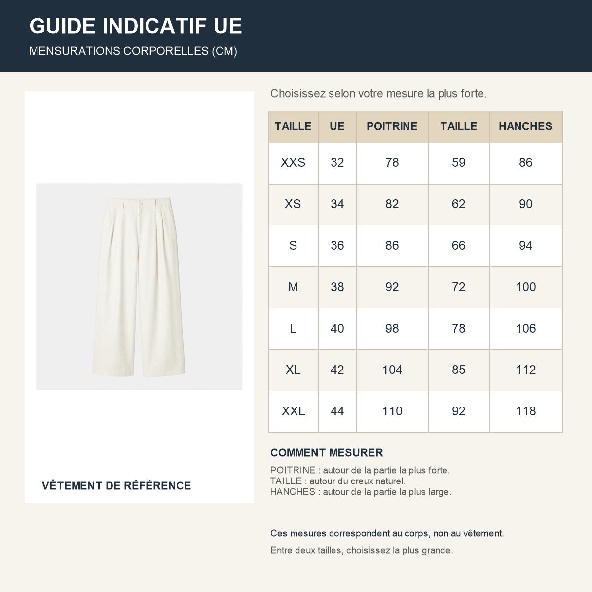 Guide français des tailles européennes du pantalon