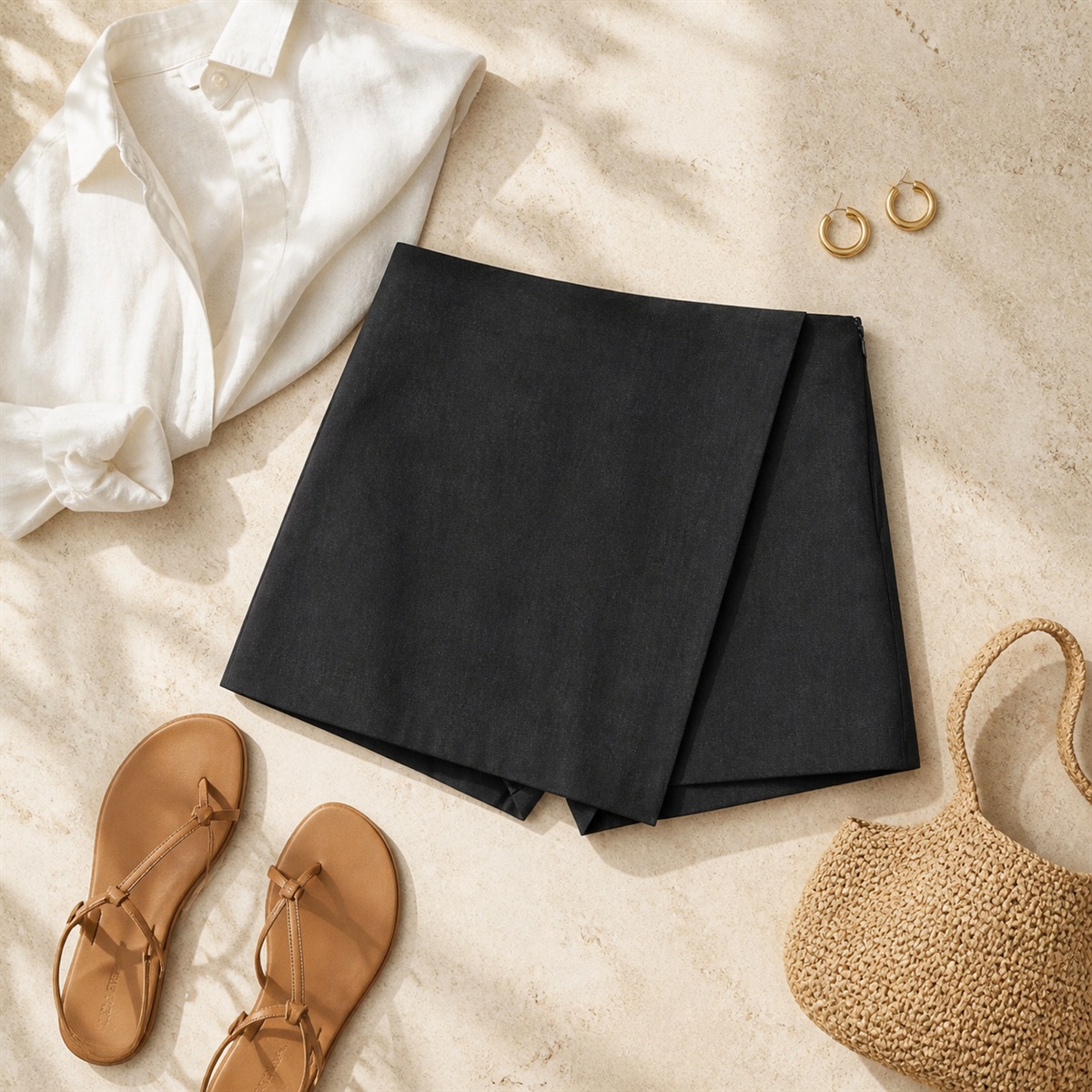 Tenue estivale avec jupe-culotte grise et chemise blanche