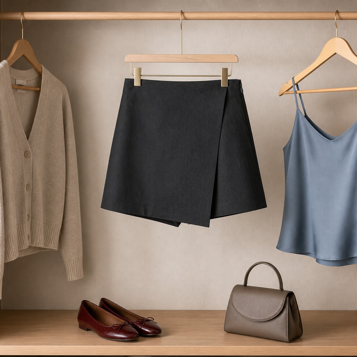 Tenue citadine avec jupe-culotte grise et maille fine
