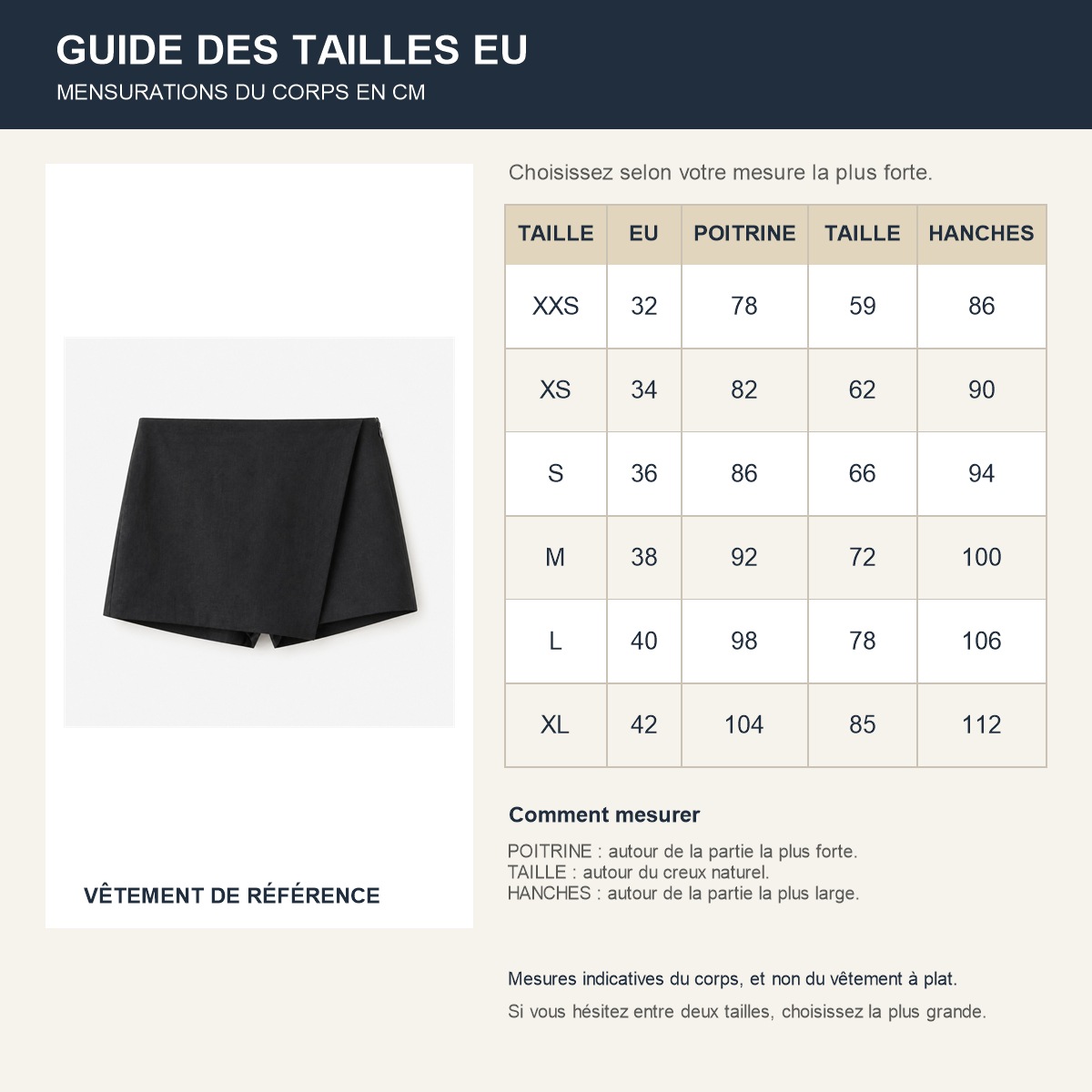 Guide français des tailles européennes de la jupe-culotte