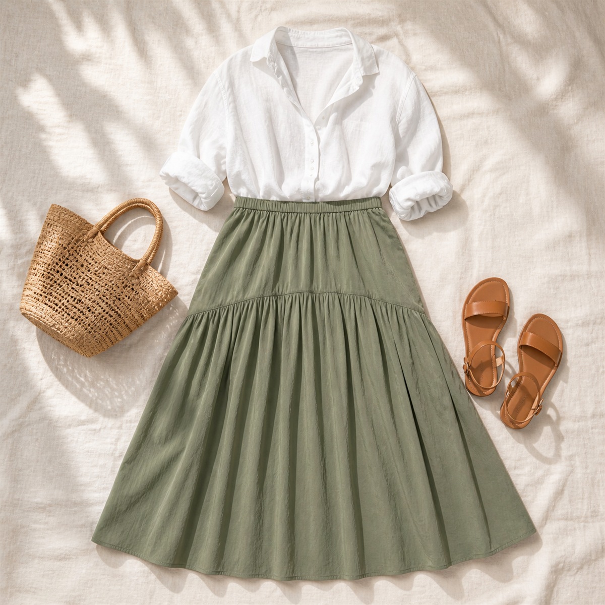 Tenue à plat avec jupe vert olive et accessoires neutres