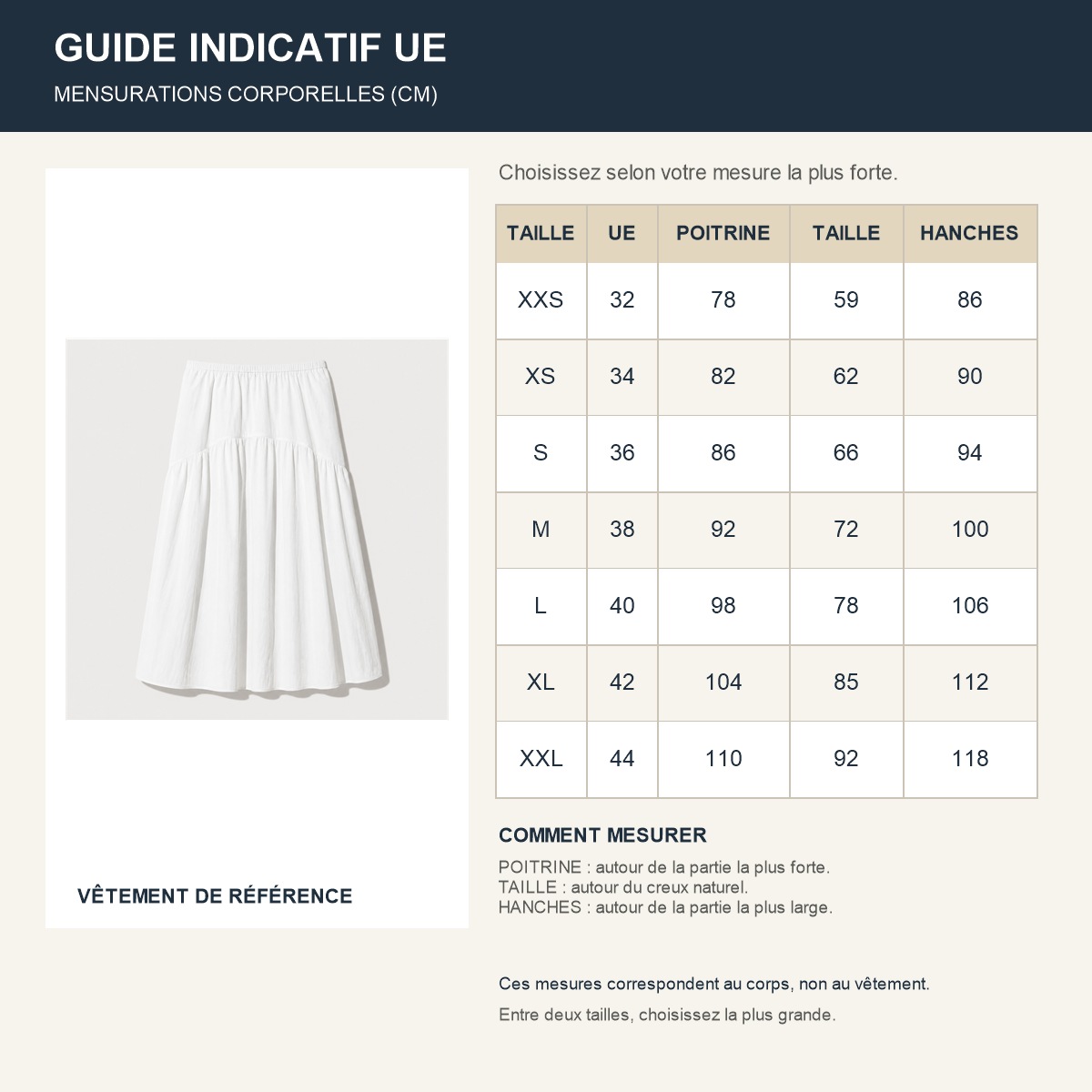 Guide français des tailles européennes de la jupe