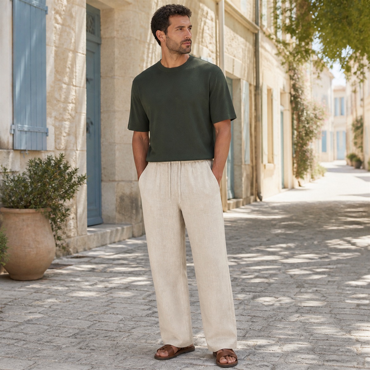 Pantalon loose en lin naturel porté dans une rue méditerranéenne