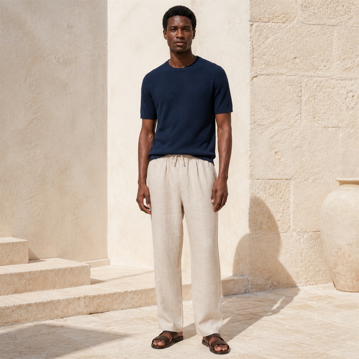Pantalon ample en lin naturel porté de face