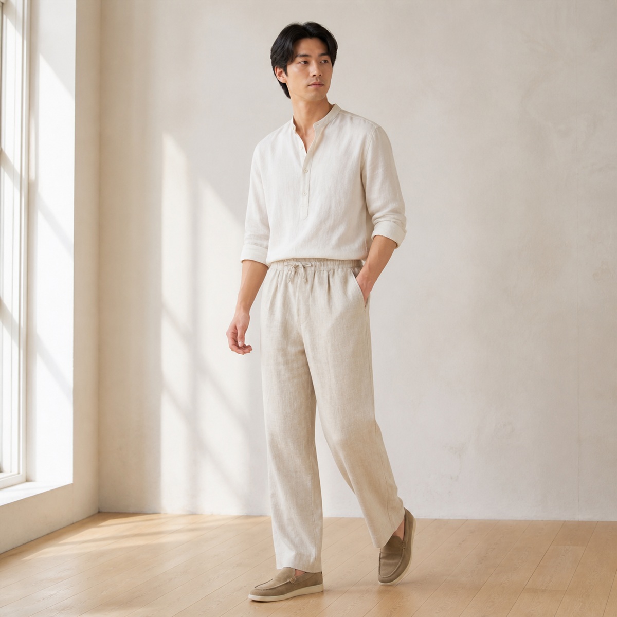 Pantalon ample en lin naturel porté de trois quarts