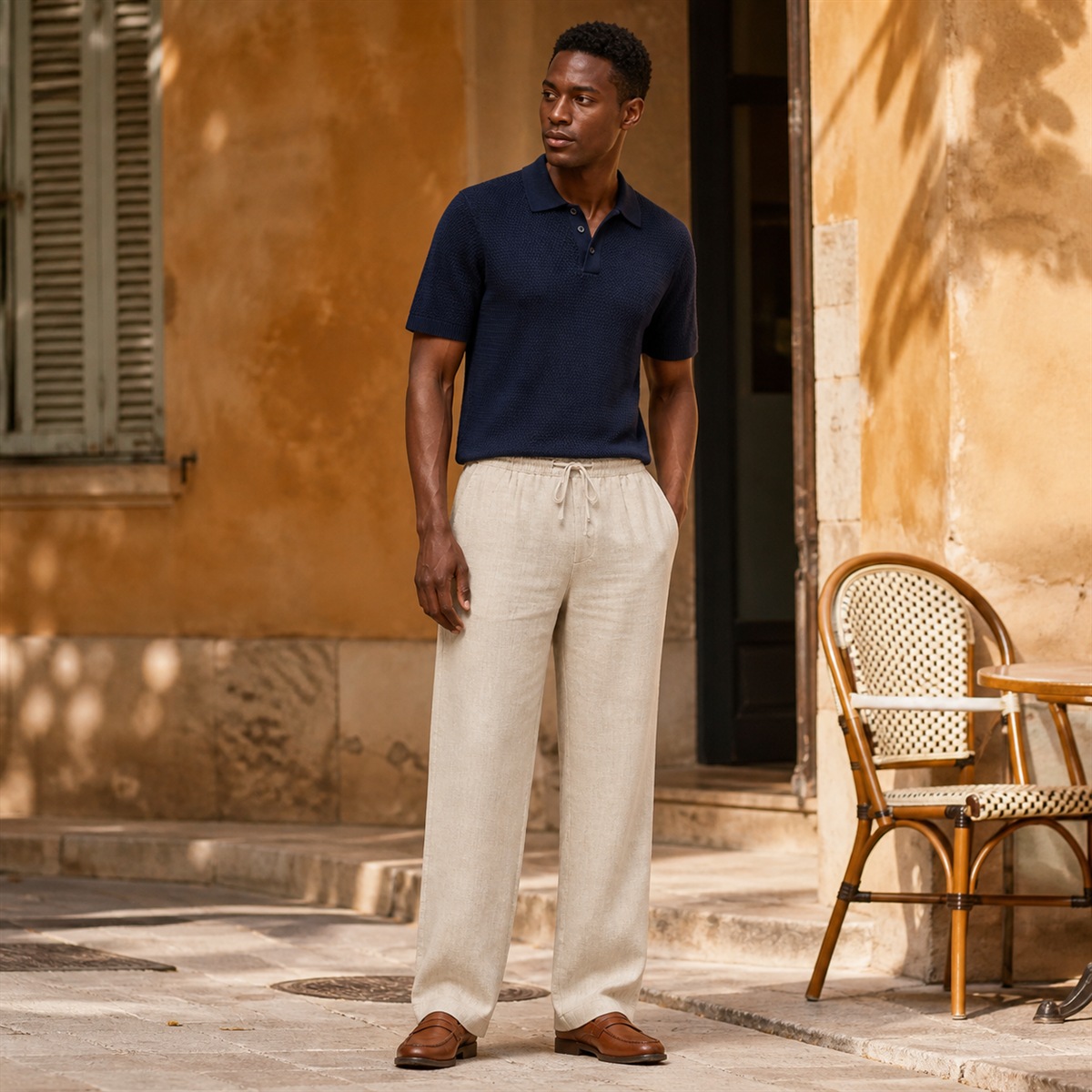Tenue estivale avec pantalon en lin et polo en maille