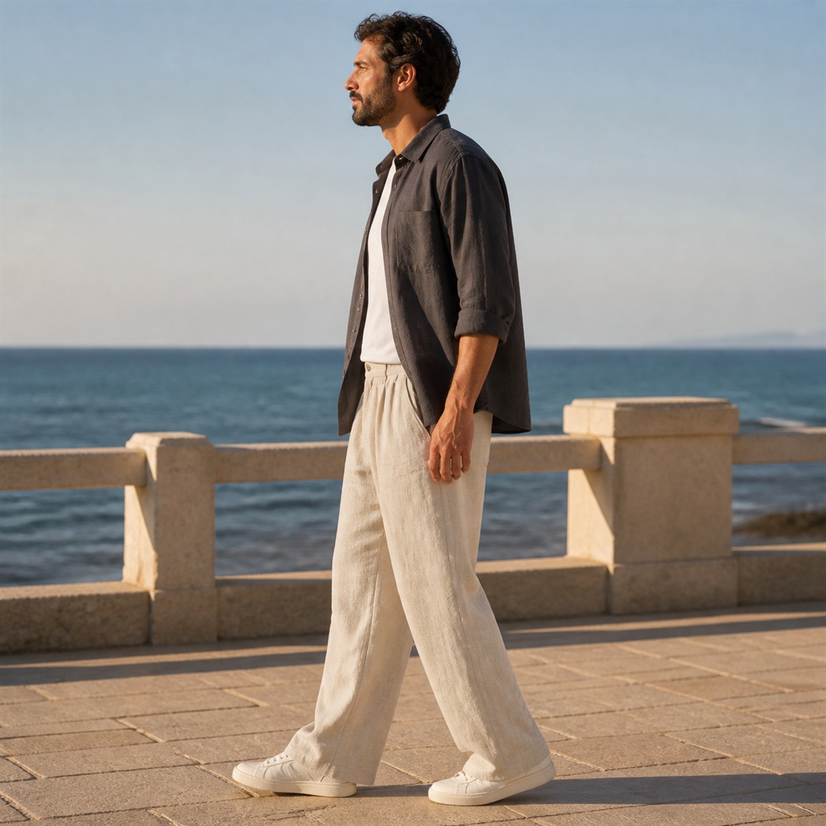 Pantalon ample en lin naturel porté de profil