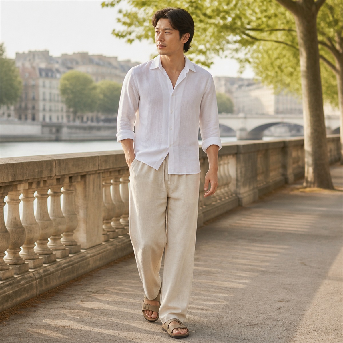 Tenue décontractée avec pantalon en lin et chemise blanche