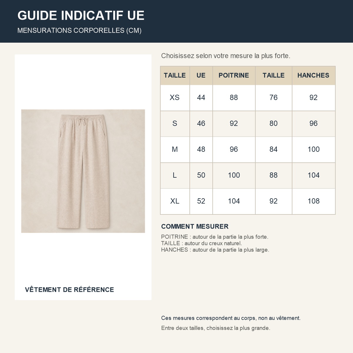 Guide français des tailles européennes du pantalon en lin