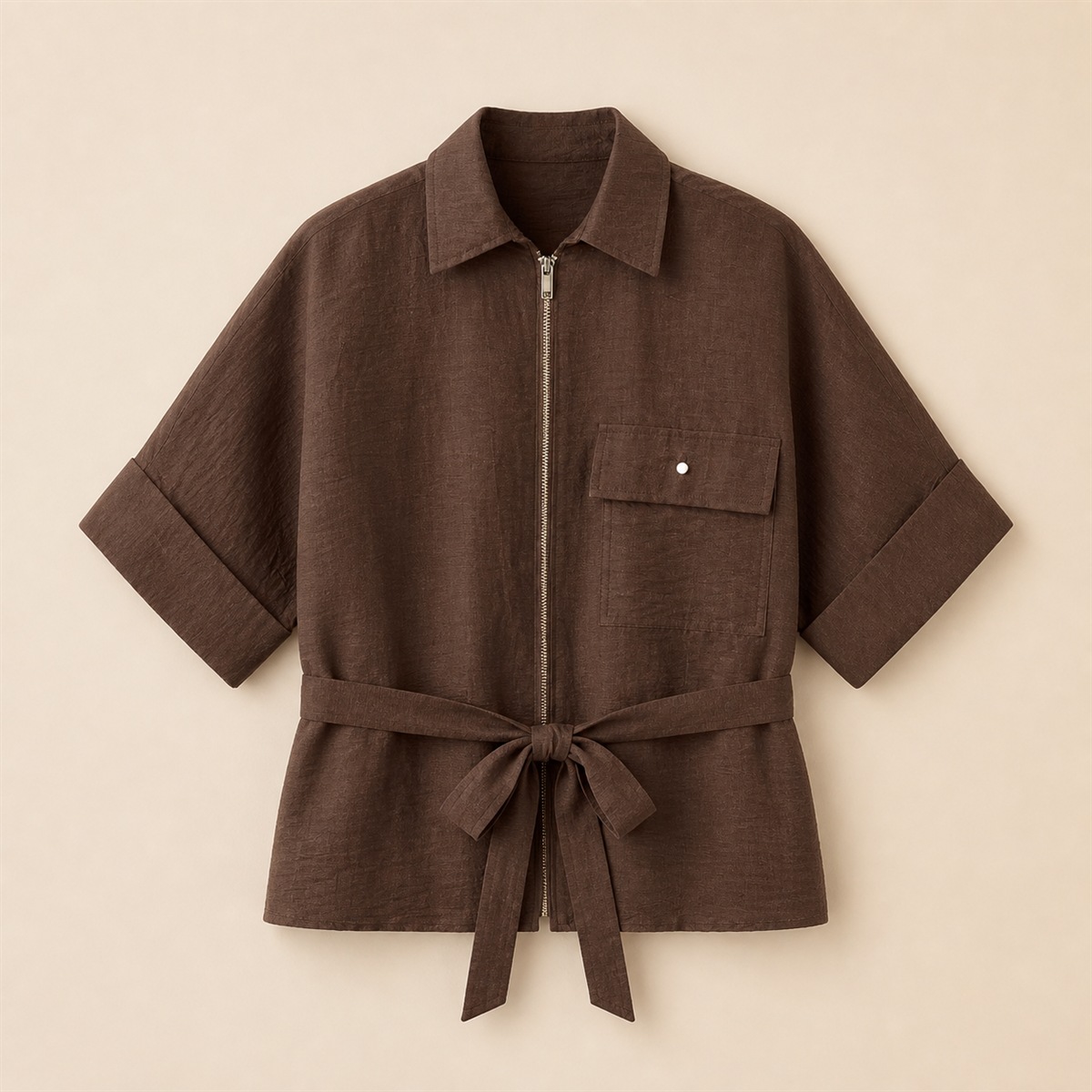 Blouse marron en lin mélangé avec ceinture — vue de face