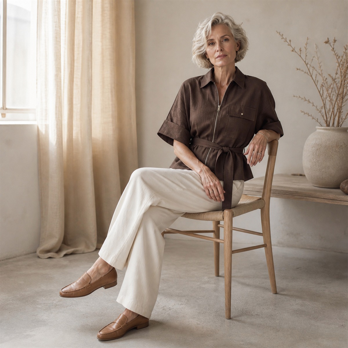 Tenue estivale avec blouse marron et pantalon écru