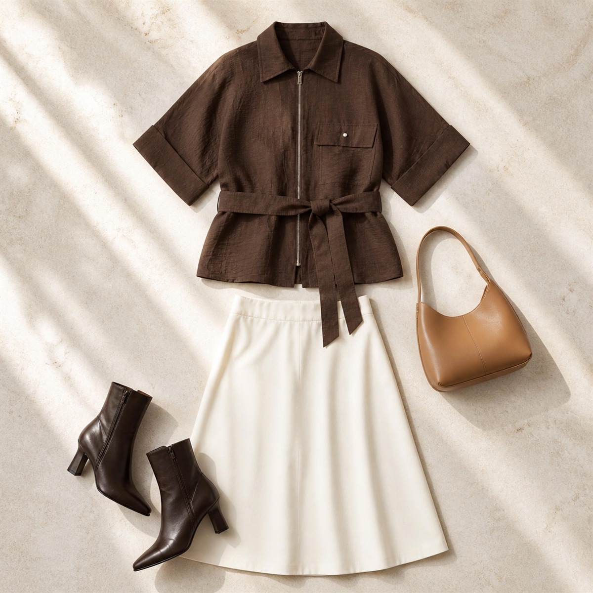 Tenue citadine avec blouse marron et jupe midi