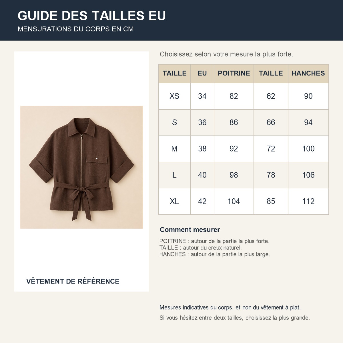 Guide français des tailles européennes de la blouse
