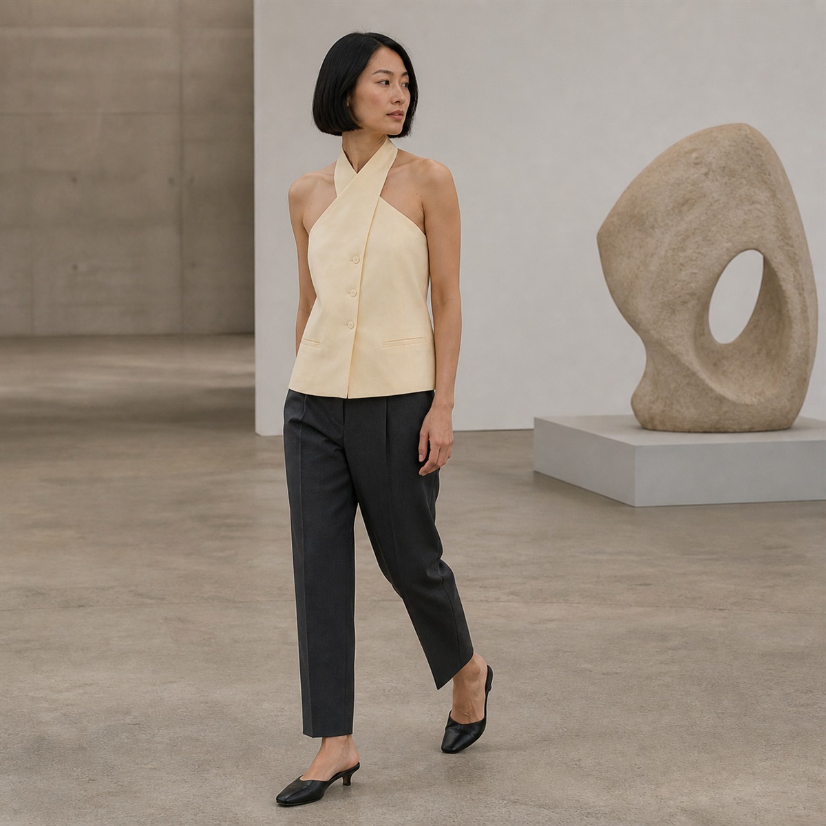Top jaune porté dans une galerie contemporaine
