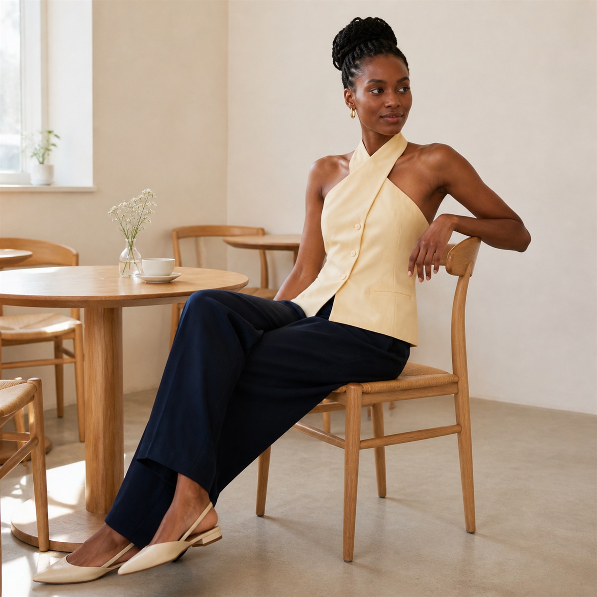 Top jaune porté dans un café lumineux