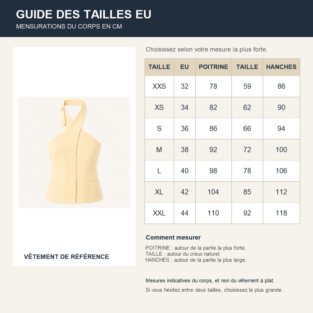 Guide français des tailles européennes du top