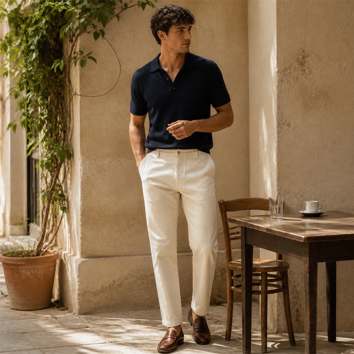 Pantalon écru porté dans un café méditerranéen