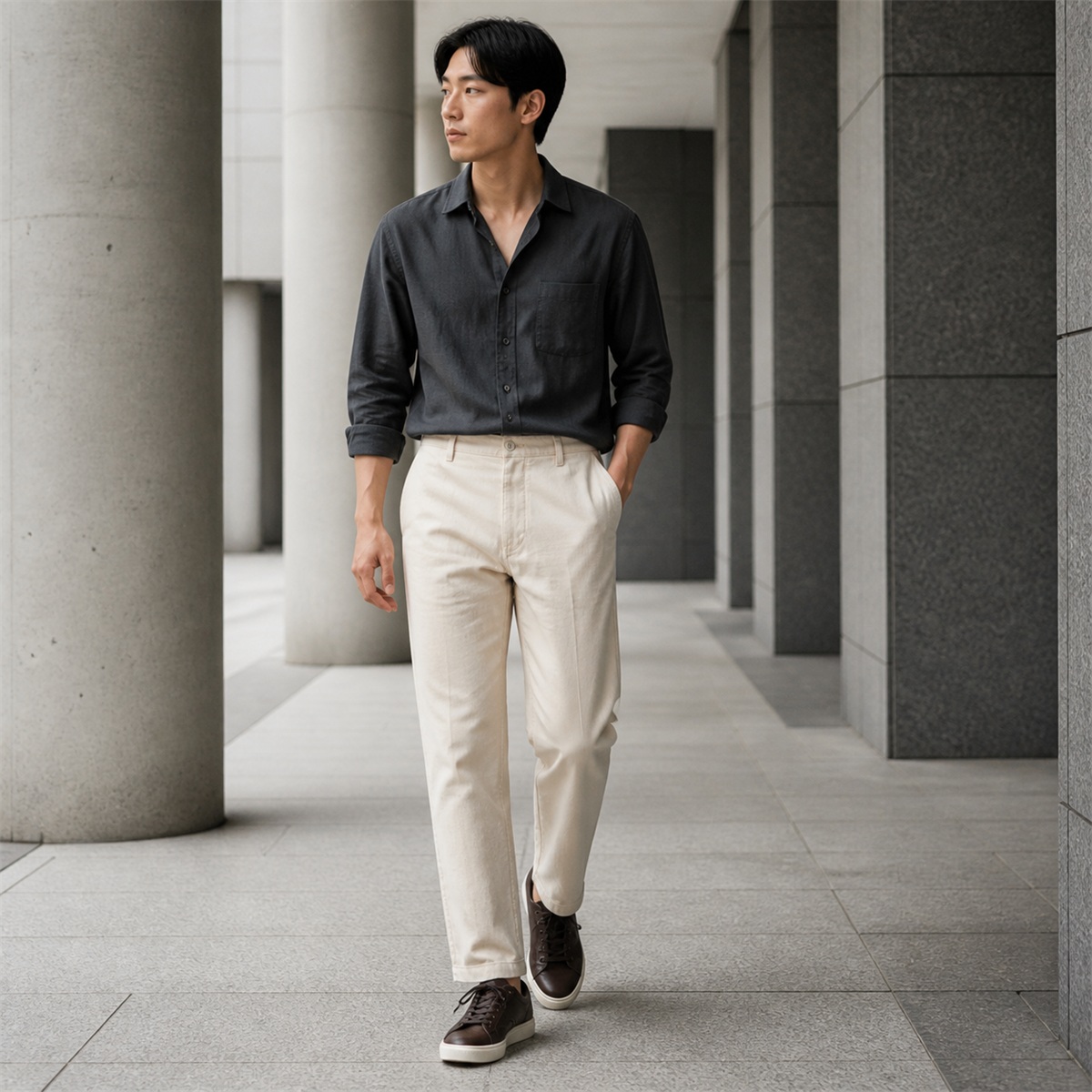Pantalon écru porté dans une architecture urbaine