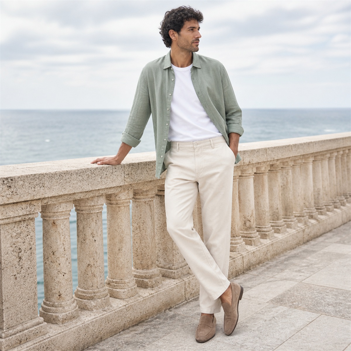 Pantalon écru porté sur une promenade côtière