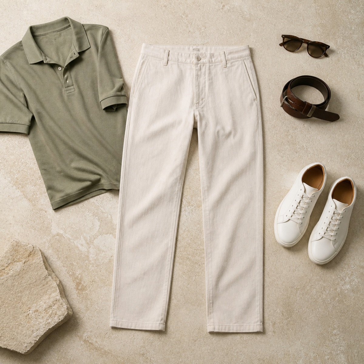 Tenue estivale avec pantalon écru et polo