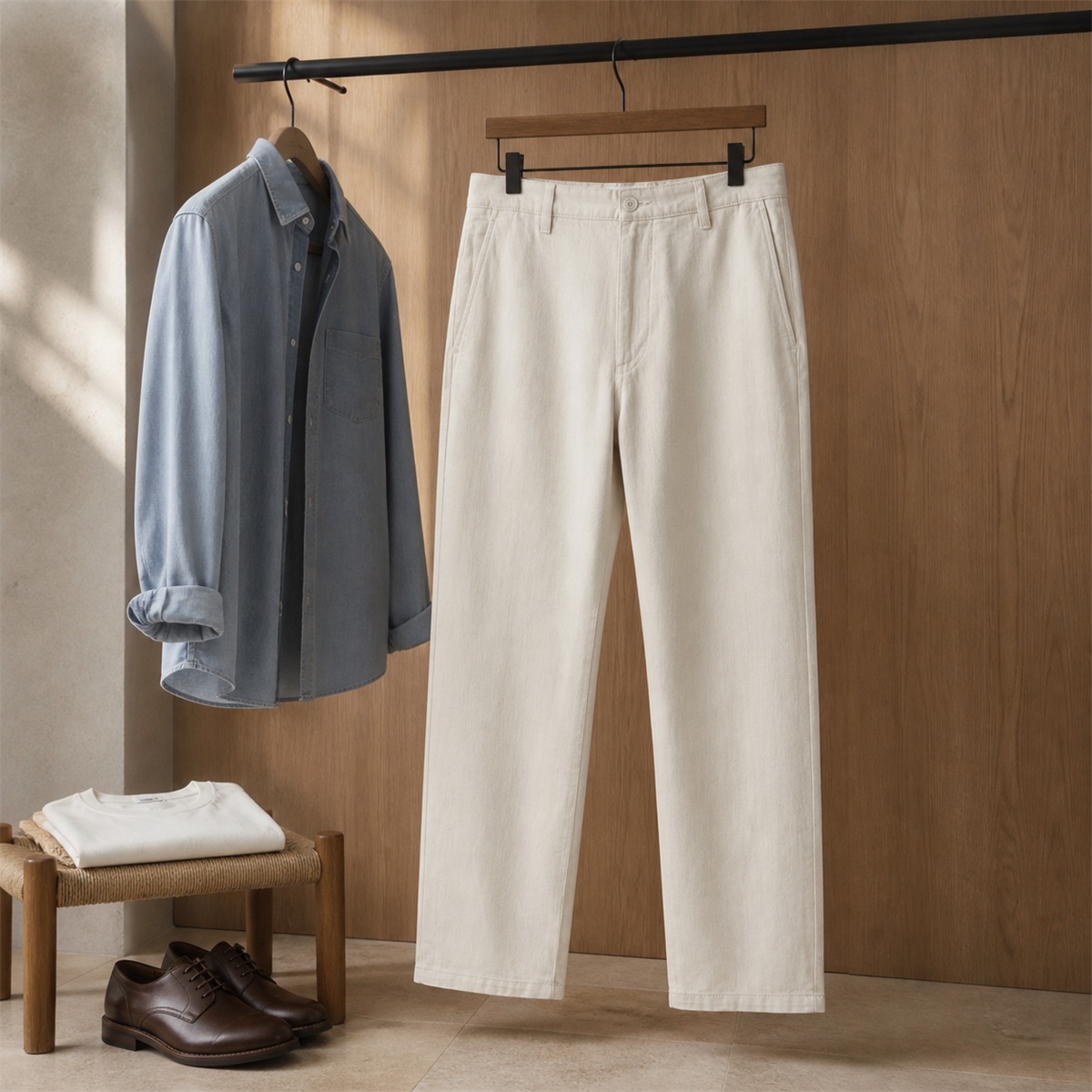 Tenue citadine avec pantalon écru et surchemise