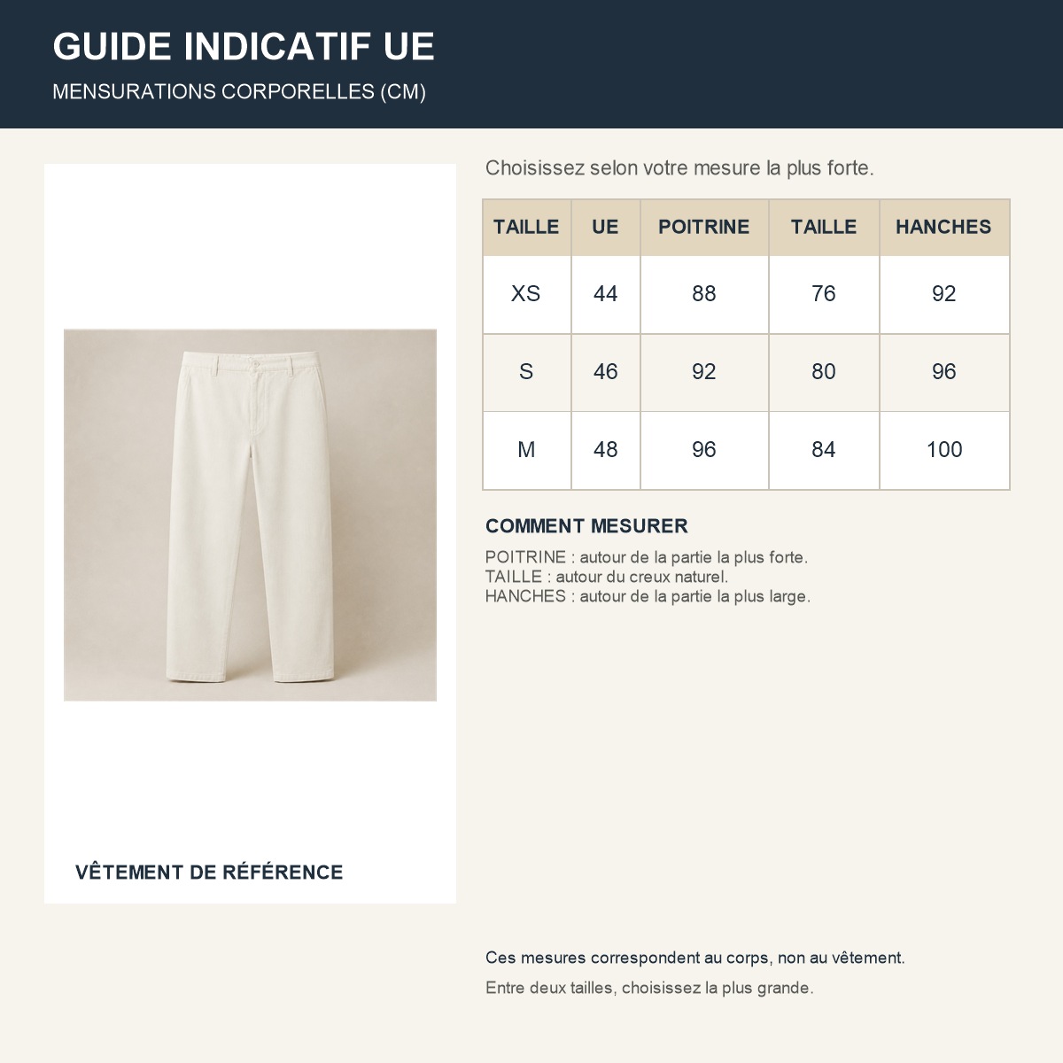 Guide français des tailles européennes du pantalon
