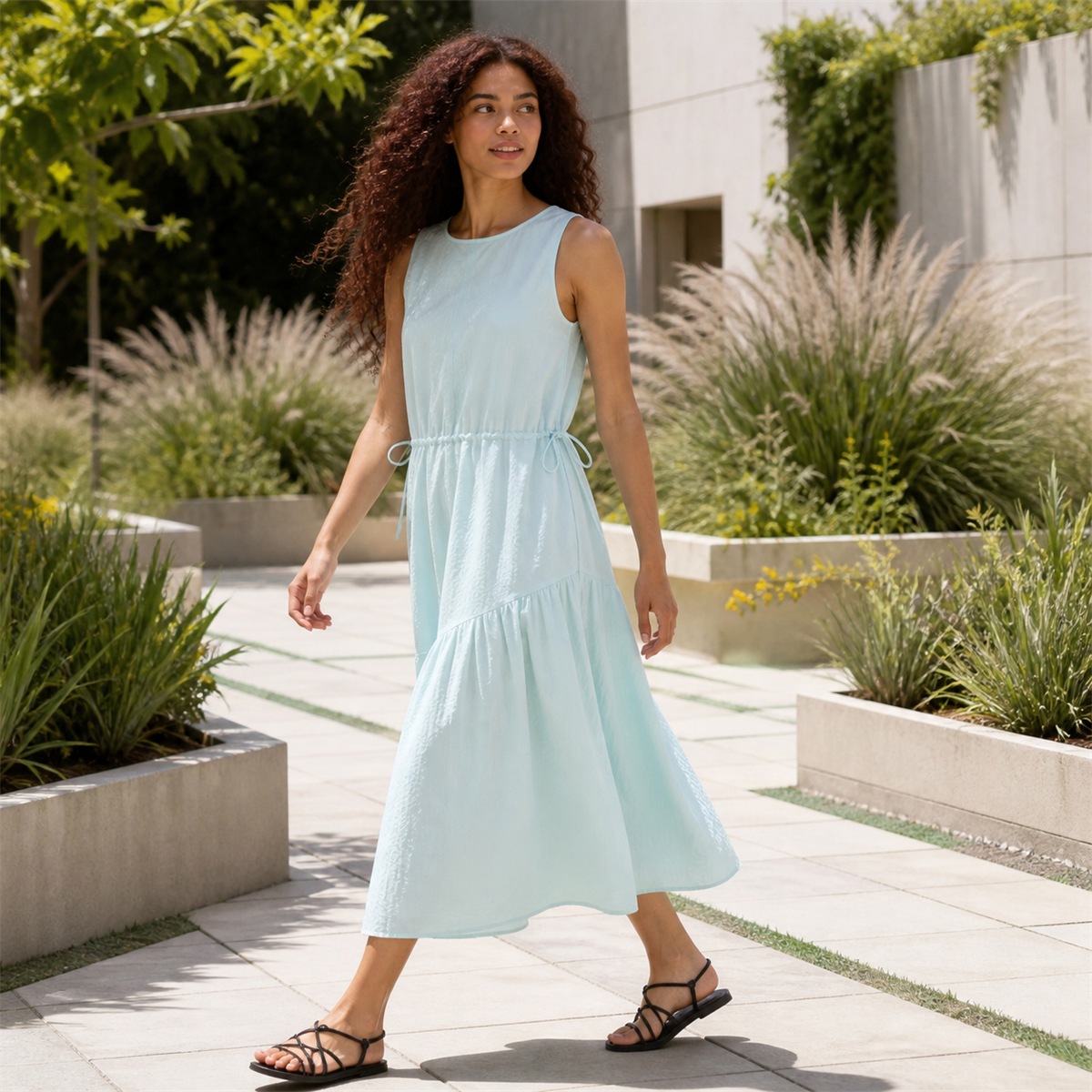 Robe bleu clair portée dans un jardin contemporain