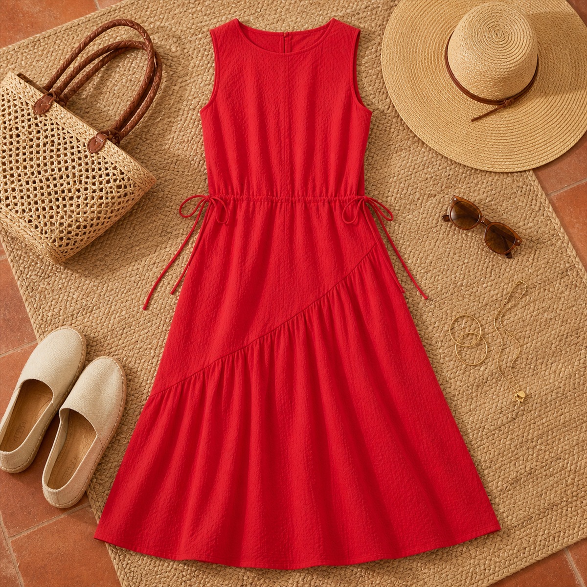 Tenue lumineuse avec robe rouge et accessoires naturels