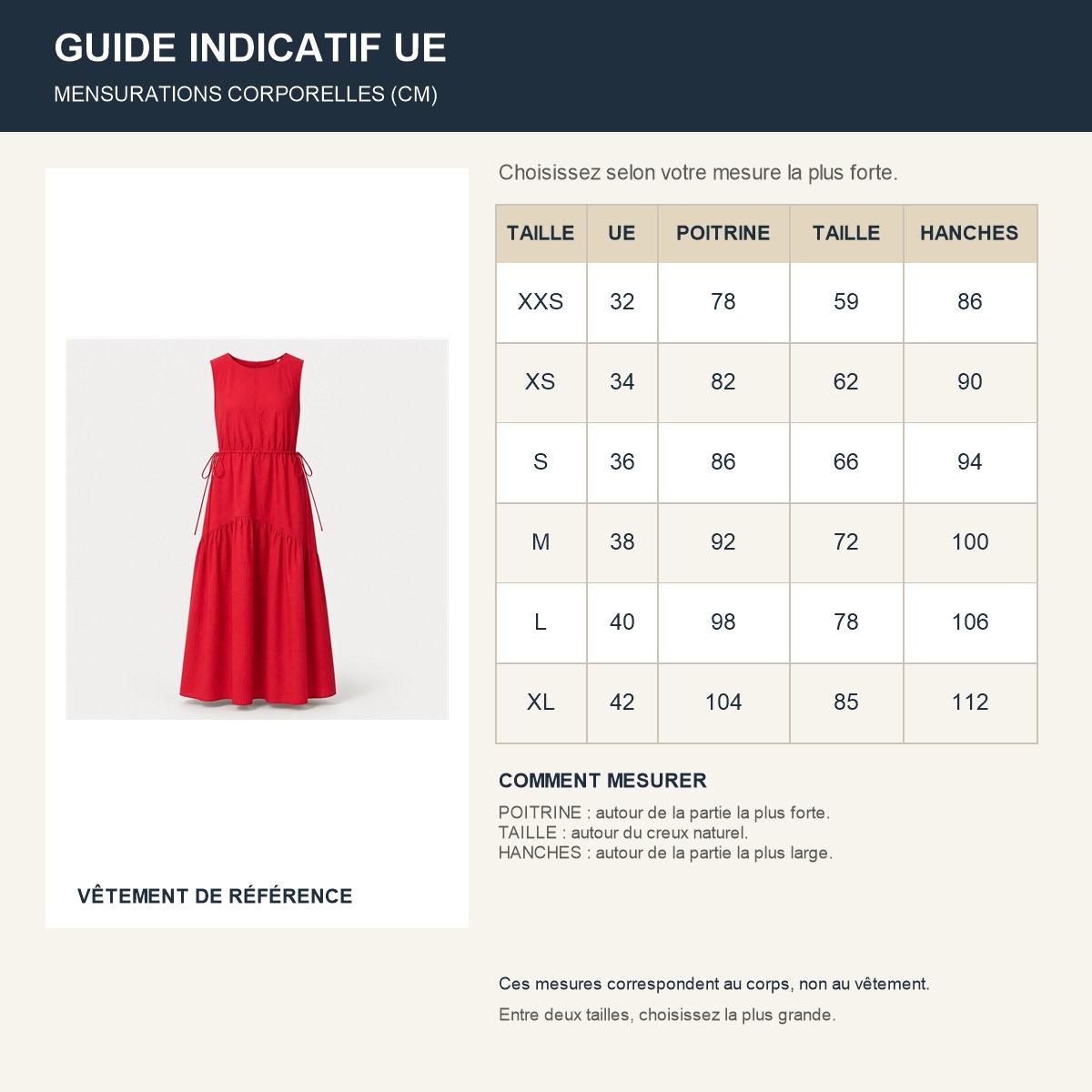 Guide français des tailles européennes de la robe