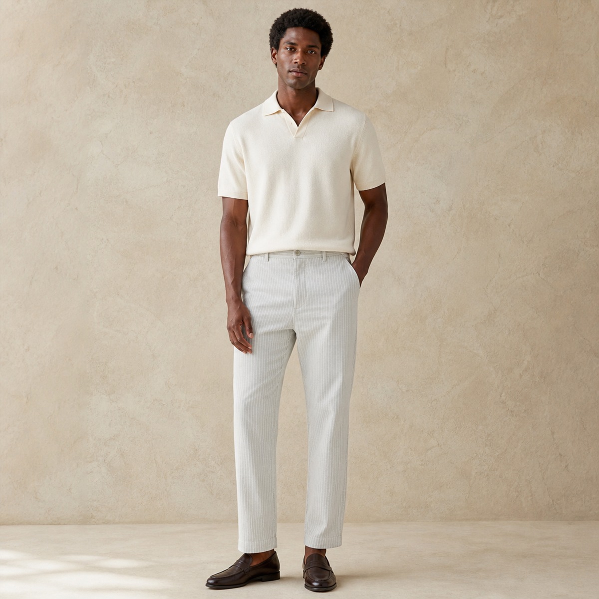 Pantalon droit rayé porté de face par un homme