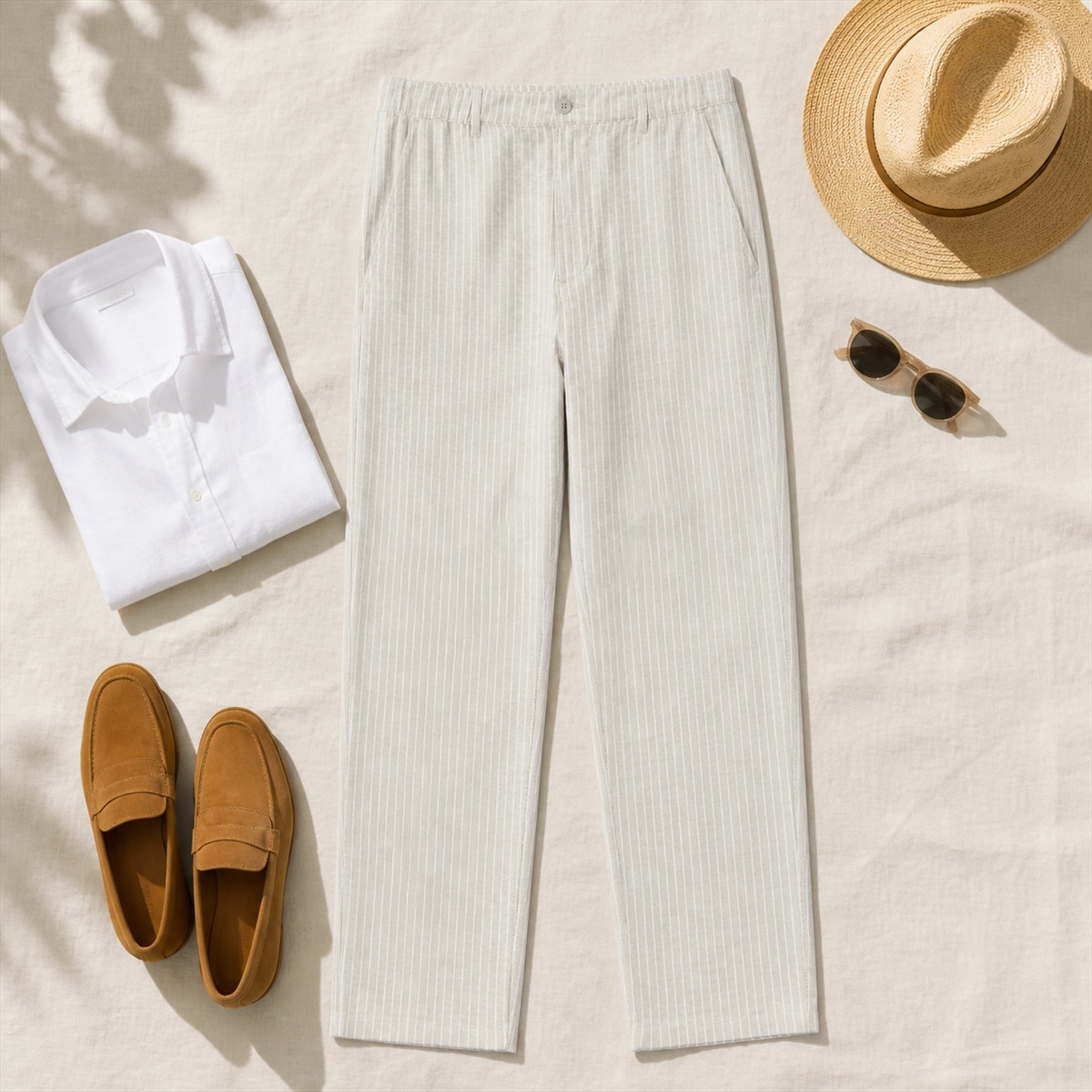 Tenue estivale avec pantalon rayé et chemise blanche