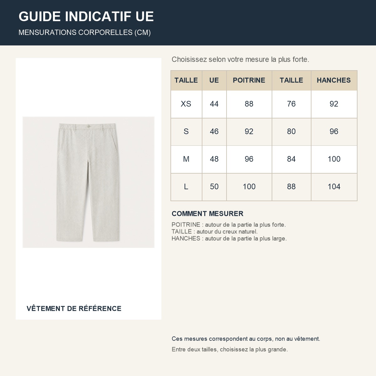 Guide français des tailles européennes du pantalon