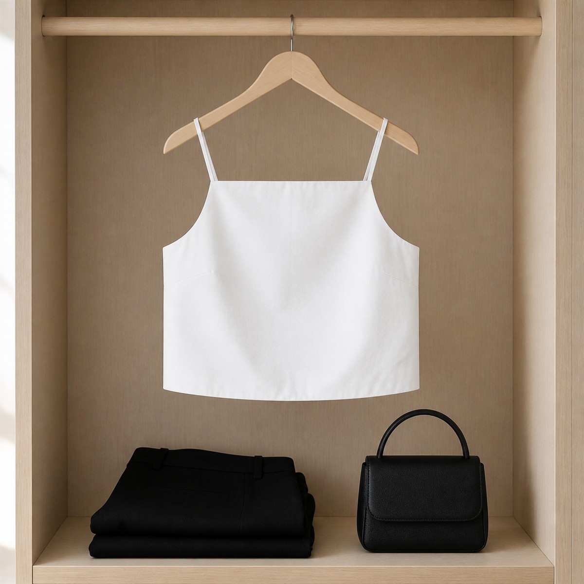 Tenue avec crop top blanc, jean et accessoires naturels